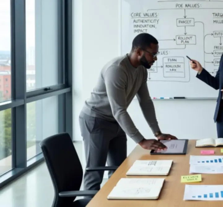 Márkastratégiai workshop egy kreatív ügynökség tárgyalótermében.