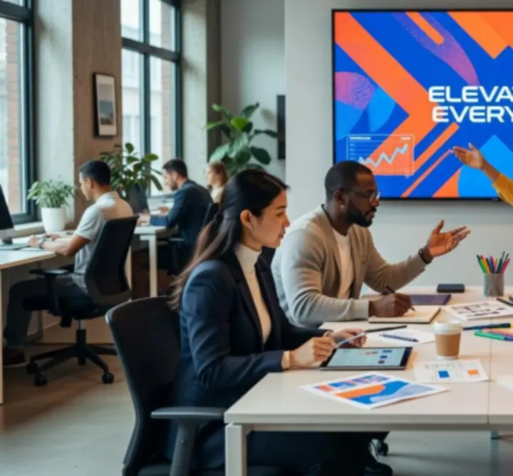 Csapat közösen dolgozik egy integrált reklámkampány kreatív koncepcióján