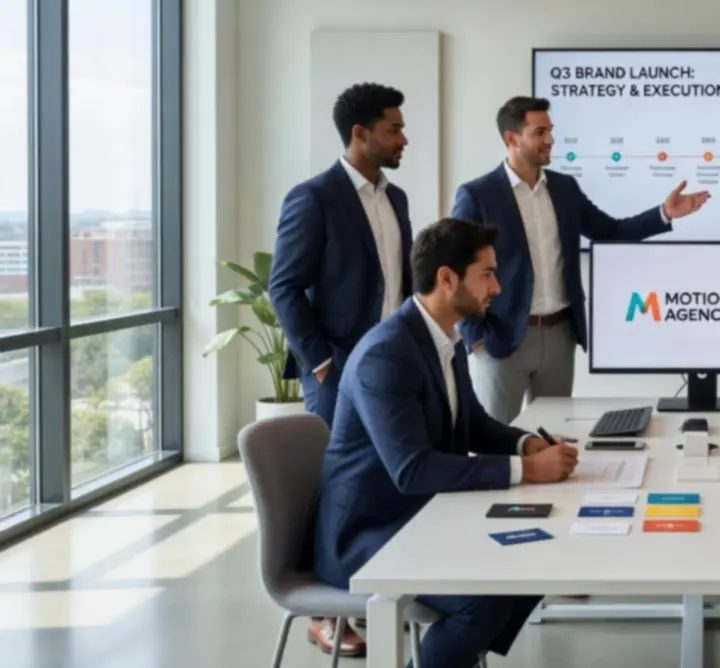 Motion Brand Agency dinamikus digitális kampányvizualizáció több eszközön megjelenő hirdetésekkel.