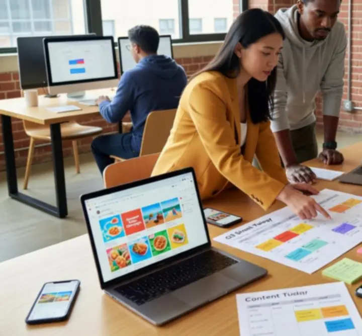 Social media stratégia megbeszélés kreatív csapattal.