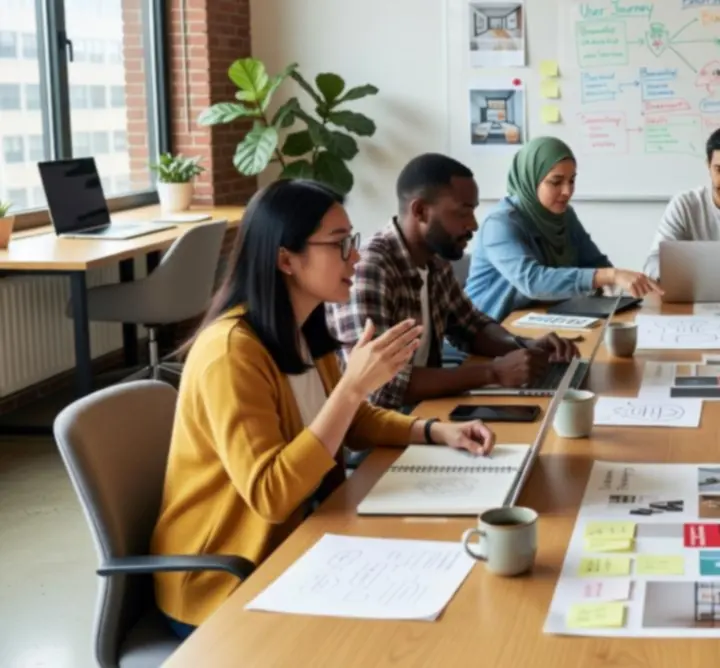 Motion Brand Agency munkatársak közös kreatív workshopon és kampánytervezés közben.